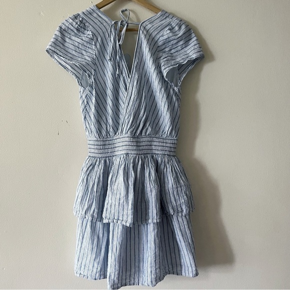 AE Linen Blend V-neck Blue White Pinstripe Tiered Ruffle Mini Dress - Picture 2 of 11